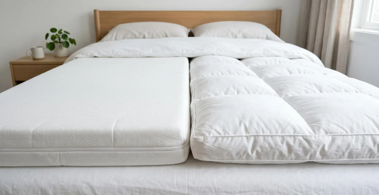 Vue rapprochée de deux types de surmatelas côte à côte, mémoire de forme et plumes, posés sur un lit