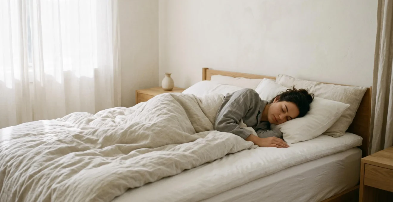 Dormeur allongé sur le côté dans un lit avec un surmatelas épais blanc, lumière naturelle matinale tamisée