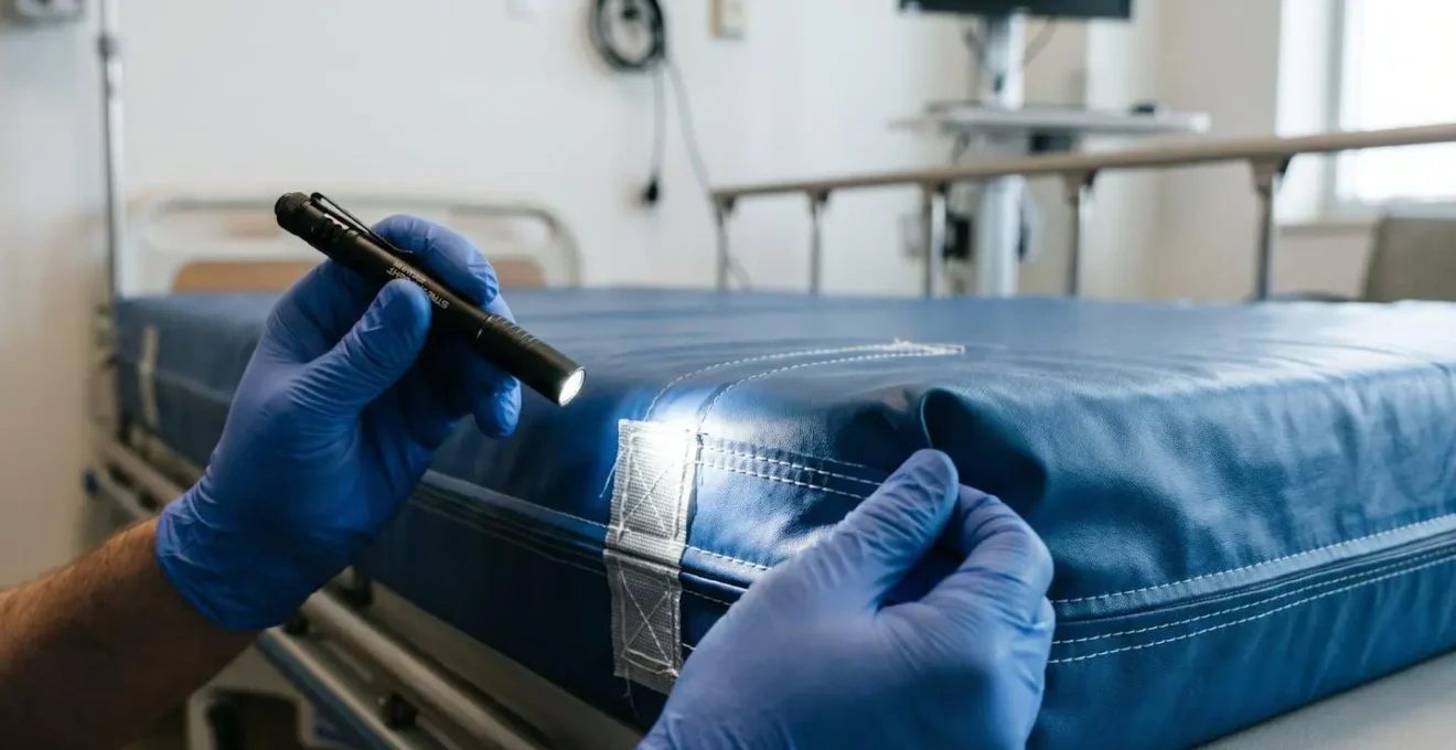 Technicien spécialisé inspectant les coutures d'un matelas d'EHPAD à la recherche de punaises de lit avec une lampe torche