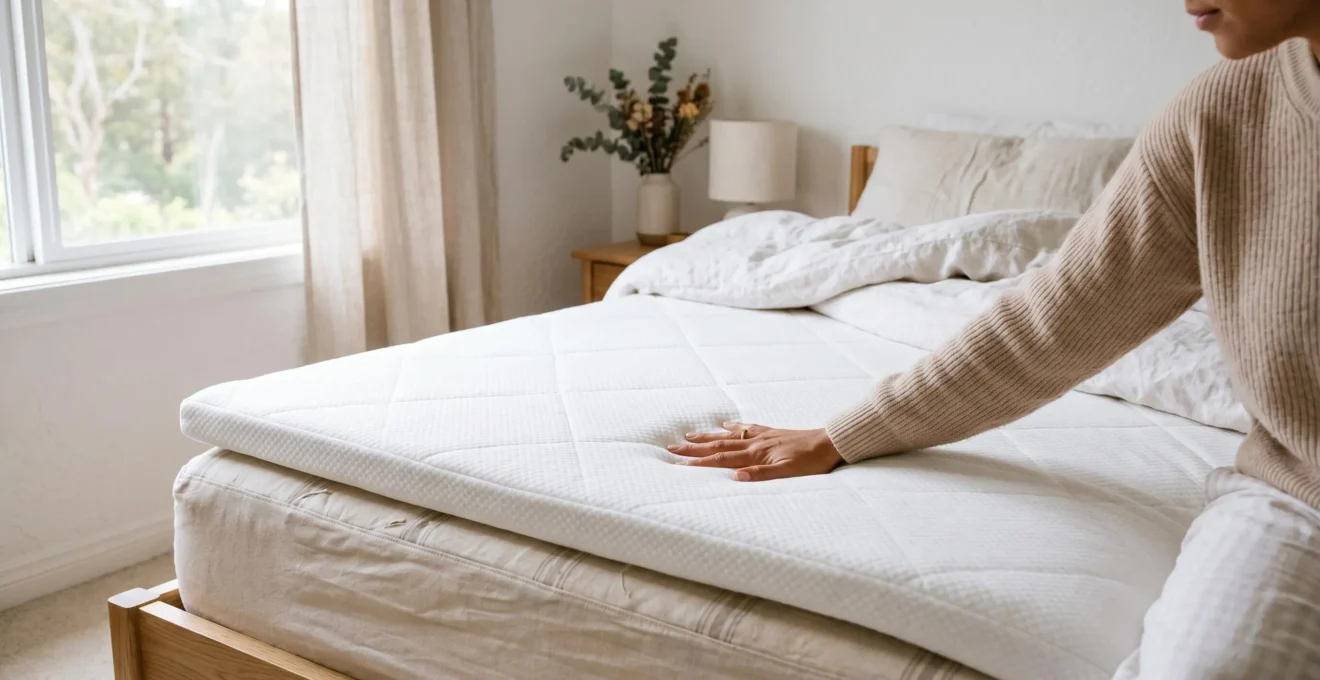 Personne appuyant la main sur un surmatelas posé sur un matelas légèrement affaissé pour tester le soutien