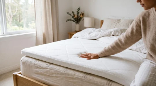 Personne appuyant la main sur un surmatelas posé sur un matelas légèrement affaissé pour tester le soutien