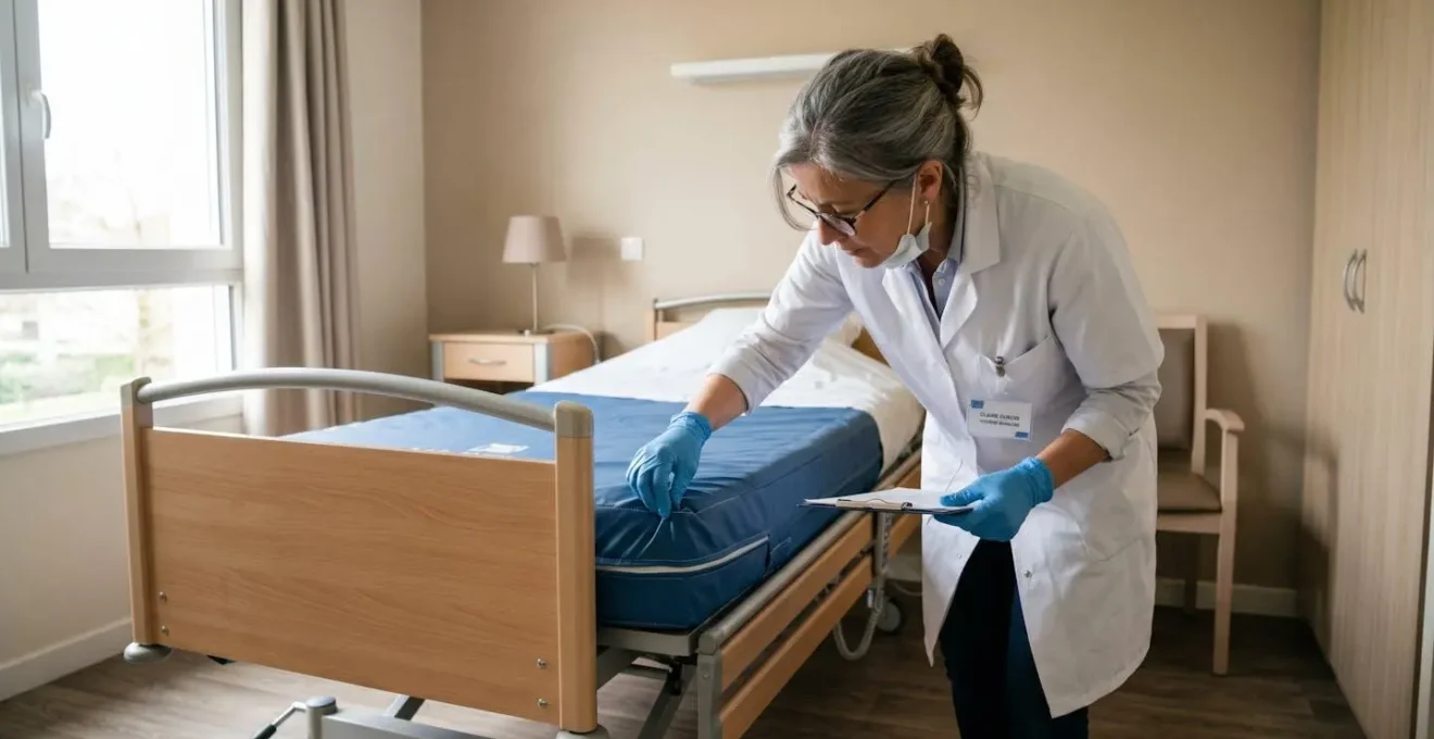 Responsable hygiène d'un EHPAD inspectant méthodiquement une chambre après signalement de punaises de lit