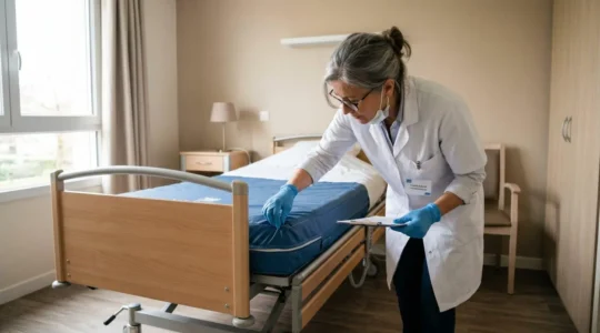 Responsable hygiène d'un EHPAD inspectant méthodiquement une chambre après signalement de punaises de lit
