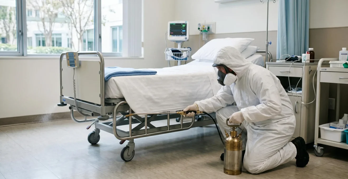 Technicien en équipement de protection individuelle réalisant un traitement anti-punaises de lit dans une chambre d'établissement de santé